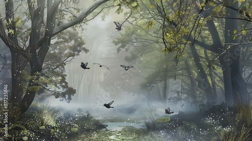 A misty morning in a tranquil forest with dewy leaves and birds chirping