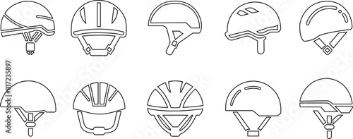 Motorcycle helmet vector icon set. Racing team helmet, Construction helmet, motorcycle helmet, hard hat black line collection for web design isolated on transparent background.