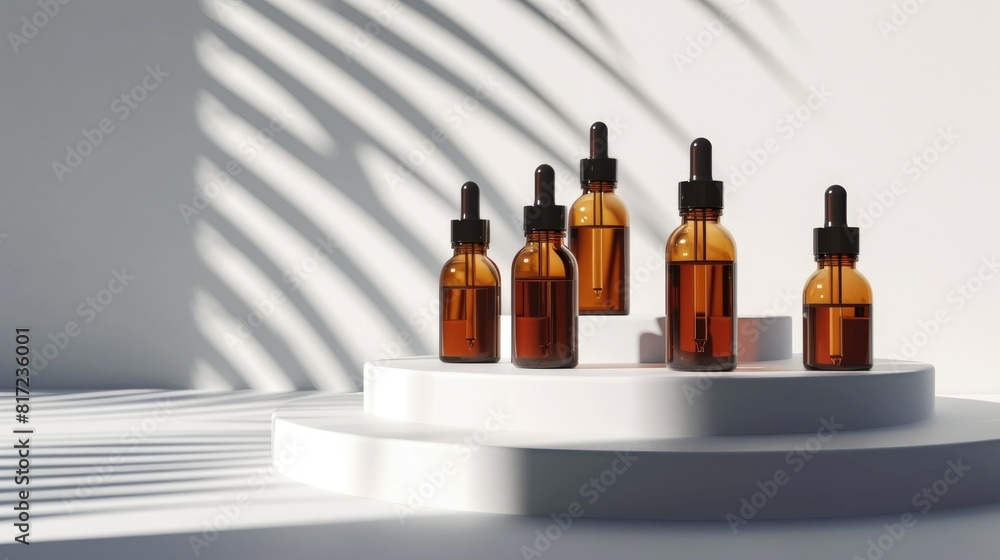 Amber Dropper Bottles in Minimalist Sunlit Setting. Three amber dropper bottles displayed on white pedestals with soft shadows, highlighting a minimalist and sunlit aesthetic Amber Dropper Bottles in Minimalist Sunlit Setting. Three amber dropper bottles displayed on white pedestals with soft shadows, highlighting a minimalist and sunlit aesthetic