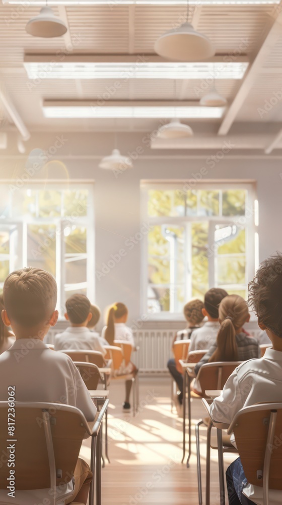 school children sitting at desks in a classroom