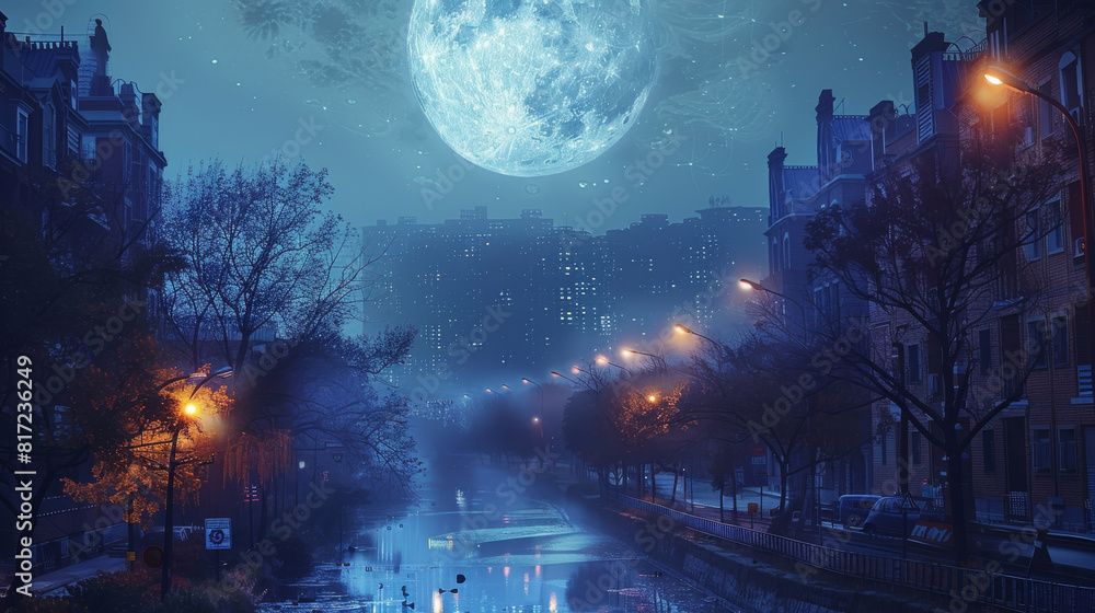 Beautiful lighting moon in modern city, majestic scene. Generative AI.