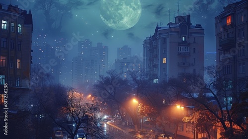 Beautiful lighting moon in modern city  majestic scene. Generative AI.