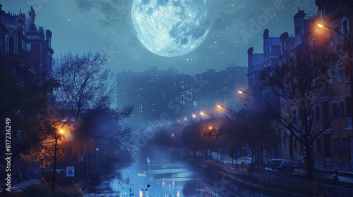 Beautiful lighting moon in modern city, majestic scene. Generative AI.