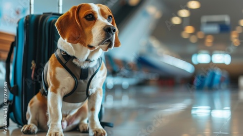Adorable beagle dog patiently waiting at airport with luggage, eager for upcoming flight