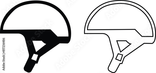 Motorcycle helmet vector icon set. Racing team helmet, Construction helmet, motorcycle helmet, hard hat black line and flat collection for web design isolated on transparent background.