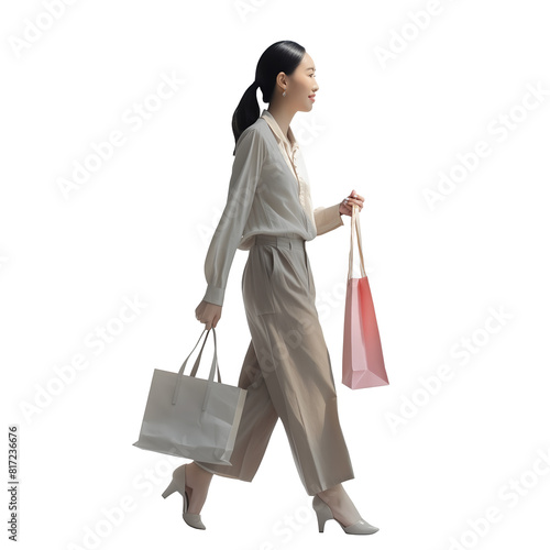 Asian woman walking hold shopping bag with happy face, Full body isolated on transparent background. Dicut, People, PNG