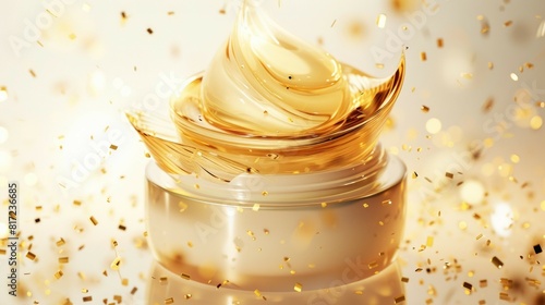 Premium Gold Cream with Sparkling Confetti. Jar of golden serum splashing amidst sparkling confetti, creating a luxurious and celebratory visual on a white background