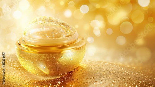 Luxurious Gold Skincare Gel in Elegant Container. Premium golden skincare in a container, showcasing its shimmering and luxurious texture