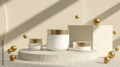 Elegant display of skincare products with gold accents on a marble platform, surrounded by decorative gold spheres, Luxurious Skincare Products