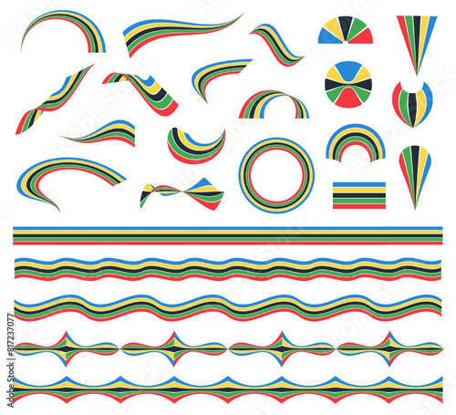 Set of various abstract shapes - Olympic colors stripes, ribbons, flags, curves, waves, lines, rainbow. Colorful creative graphic design elements with international sport games championship symbol.