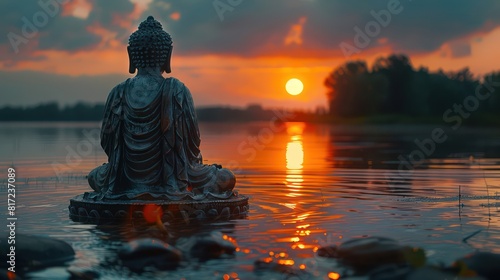 statue of budda in the river  mystery  beautiful moon
