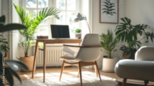 Soft focus on a home office setup with stylish furnishings and indoor plants. Resplendent.