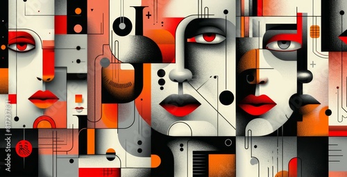 A cubist vector illustration of abstract shapes representing people, faces and objects in an organic composition with bold lines and forms