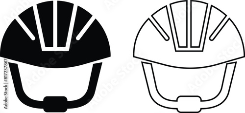 Motorcycle helmet vector icon set. Racing team helmet, Construction helmet, motorcycle helmet, hard hat black line and flat collection for web design isolated on transparent background.