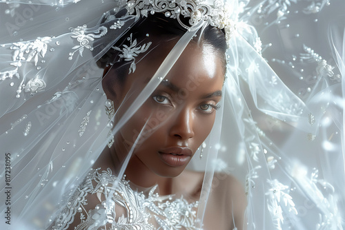 Beautiful Black wedding bride, luxurius dress, girl posing and smiling on her wedding day, brazilian bride. photo