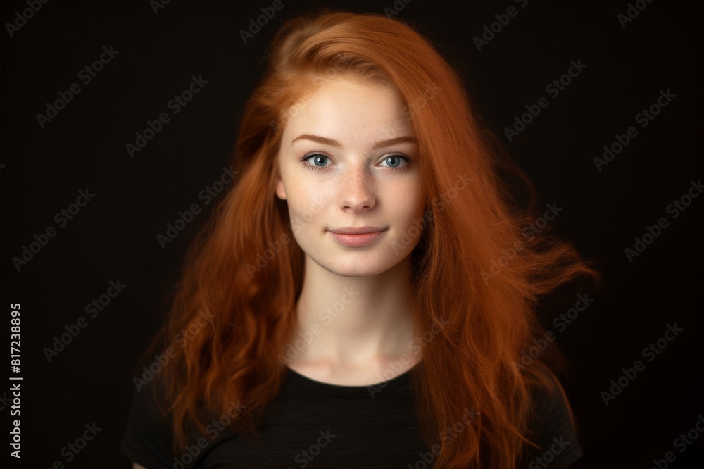 Studio portrait of 22 year old red-haired woman Close up studio portrait of 22 year old red-haired woman in black t-shirt on black background Studio portrait of 22 year old red-haired woman Close up studio portrait of 22 year old red-haired woman in black t-shirt on black background