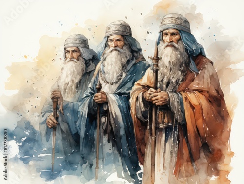 three wise men, watercolor illustrations, soft color fields, white background © XTSTUDIO