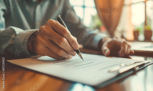 Businesswoman signing contract at office desk with pen