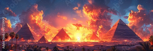 A desert landscape with the pyramids of Giza in ancient Egypt, bathed in golden sunlight