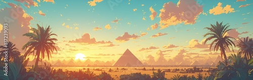A desert landscape with the pyramids of Giza in ancient Egypt  with a setting sun casting long shadows and creating an atmosphere reminiscent of classic fantasy art. 