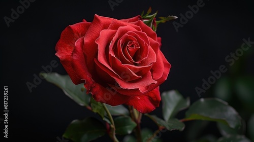 A striking dark red rose blooms against a dramatic black backdrop