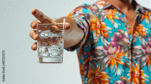 close-up of man holding a glass of water or tekila, wearing a tropical pattern shirt, vacation vibes photo