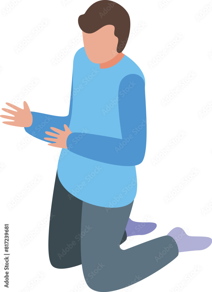 Isometric illustration of a man in casual clothes kneeling and making a hand gesture, indicating a conversation or explanation Isometric illustration of a man in casual clothes kneeling and making a hand gesture, indicating a conversation or explanation