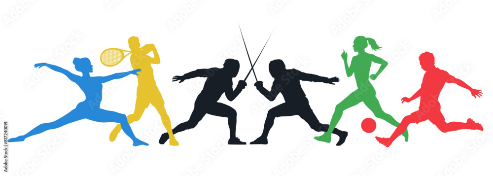 Set of colorful silhouettes of Olympic sport players on white background. Flat sportspeople - gymnast, athlete, runner, fencer, boxer, tennis player. Сollection of hand-drawn athletes in motion