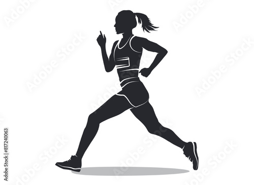 Dynamic silhouette of athletic woman running fast at a running competition. Sportsperson in motion isolated on white background. Female marathon runner figure at championship.