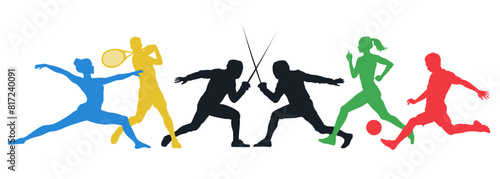Set of colorful silhouettes of Olympic sport players on white background. Flat sportspeople - gymnast, athlete, runner, fencer, boxer, tennis player. Сollection of hand-drawn athletes in motion