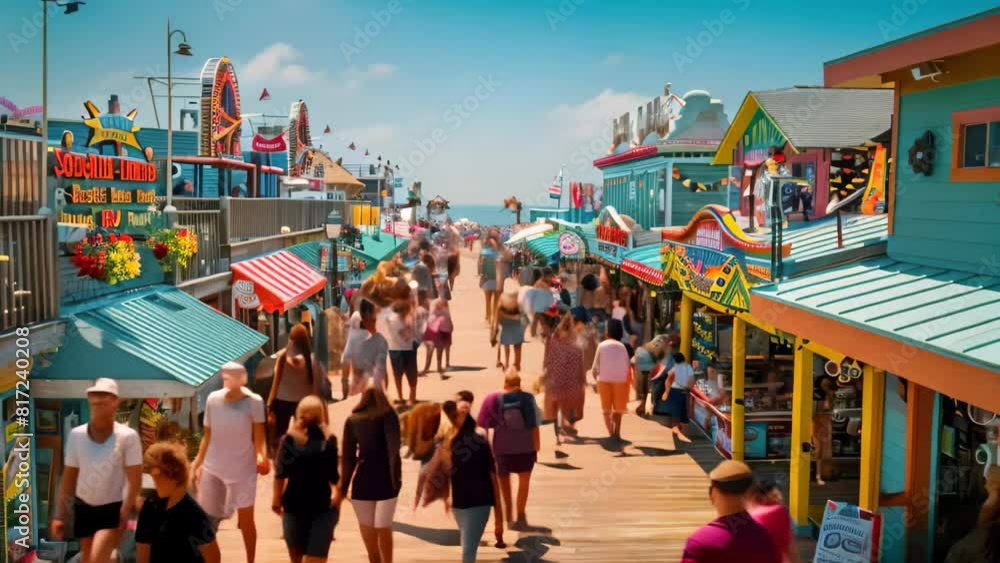 A crowd of people walking down a bustling wooden walkway lined with colorful shops, A bustling boardwalk lined with colorful shops and lively street performers