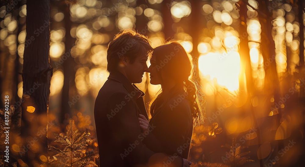 An intimate moment of a couple in a forest clearing, surrounded by tall trees as the sun sets through the branches above. The couple stands close, enveloped in the tranquility. Generative AI. An intimate moment of a couple in a forest clearing, surrounded by tall trees as the sun sets through the branches above. The couple stands close, enveloped in the tranquility. Generative AI.