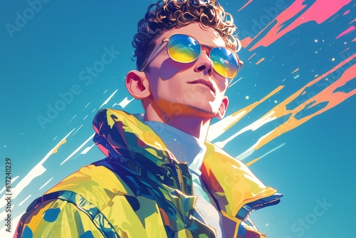 80s pop music album cover art, hip hop style vector graphic of futuristic man wearing sunglasses and cool jacket