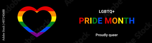 Happy Pride Month LGBT flag in a heart shape and hands heart love gesture. Happy Pride Month vector banner isolated on a black background.