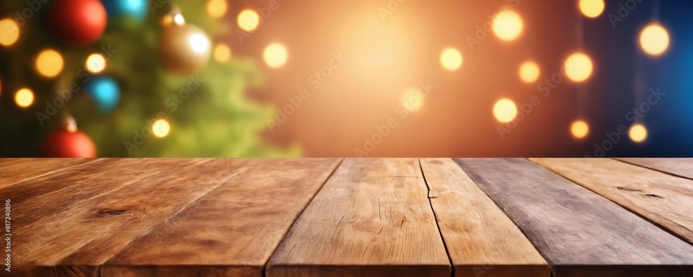 Wooden surface in the foreground, blurred multi-coloured lights in the background. Wooden surface in the foreground, blurred multi-coloured lights in the background.