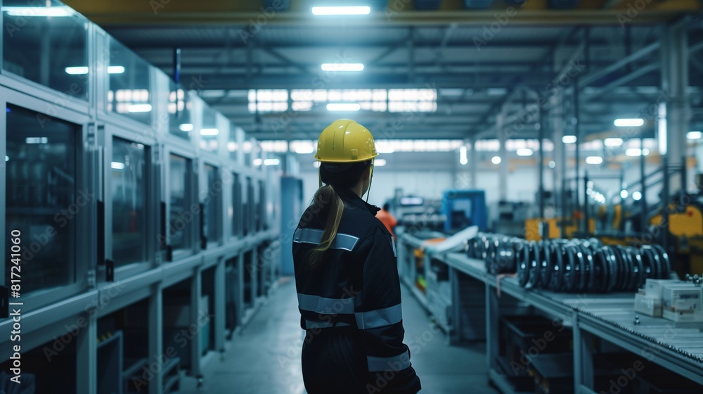 An industrial worker inspecting intricate machinery parts under bright fluorescent lights in a vast factory hall. An industrial worker inspecting intricate machinery parts under bright fluorescent lights in a vast factory hall.