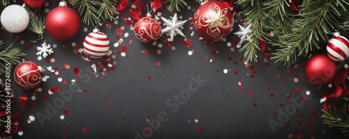 Various colorful Christmas decorations such as baubles, stockings, and lights are arranged on a dark background, creating a festive and cheerful atmosphere. photo