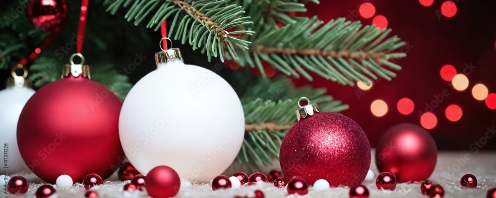 Naklejka premium Christmas tree branches, red and white balls, dark background. 