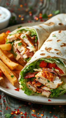 Deliciously Assembled Wrap Sandwich Served with Golden Fries: A Perfect Meal