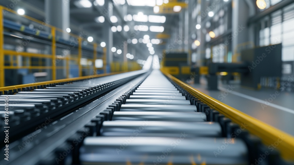 Fototapeta premium Automated conveyor belt transporting freshly molded plastic parts for quality inspection.