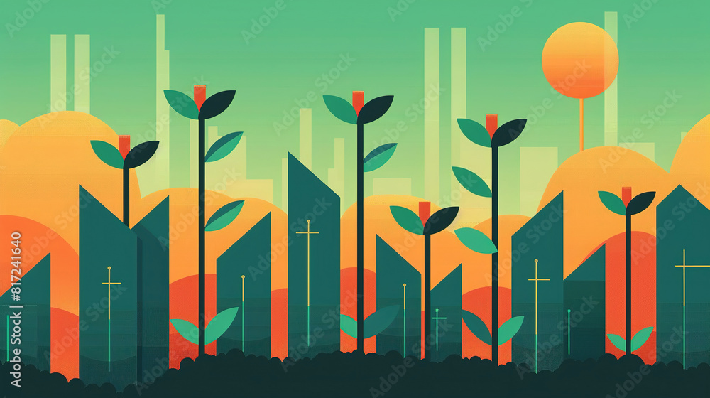 Illustration depicts a cityscape filled with various plants and trees, adding greenery and nature to the urban environment Illustration depicts a cityscape filled with various plants and trees, adding greenery and nature to the urban environment
