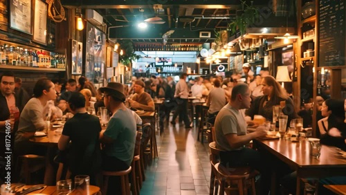 Busy restaurant scene with customers sitting at tables and staff moving about, A bustling dining area with people moving about