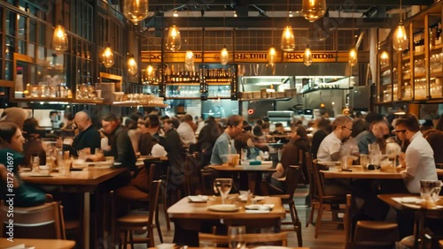 Blurry view of a crowded restaurant with people dining and interacting, A bustling dining area with people moving about photo