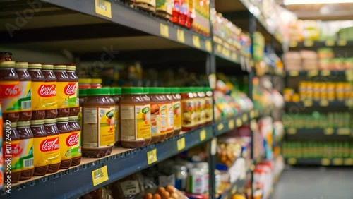 A grocery store bustling with shoppers, packed shelves of colorful food items, A bustling food bank filled with shelves of colorful canned goods and fresh produce photo