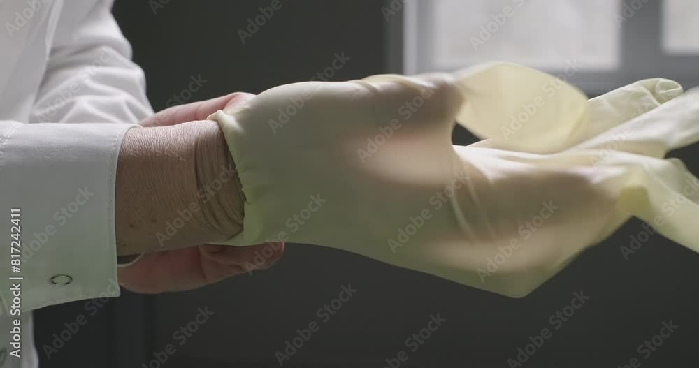 Female doctor putting on gloves. Healthcare professional wearing hand gloves at health clinic or hospital office. Medical research laboratory