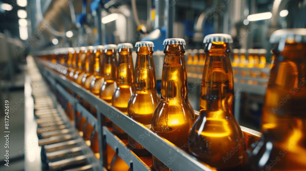full beer bottles in a production line, oktoberfest concept, created with generative AI technology full beer bottles in a production line, oktoberfest concept, created with generative AI technology
