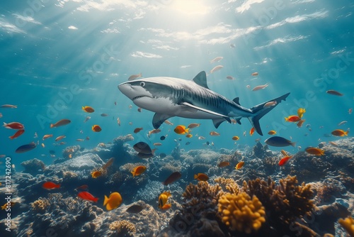 A shark swimming on a coral reef