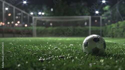 Pallone da calcio sull'erba di un campo da calcio di uno stadio all'imbrunire con luci accese photo