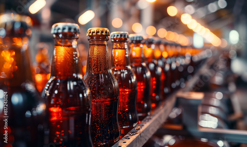 A dynamic shot from inside the factory  where bottles of cola drinks are placed on the production line.