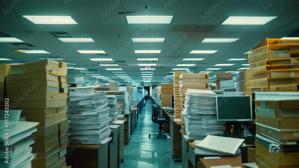 A room packed with numerous cardboard boxes and files neatly stacked in rows, A busy cubicle farm with rows of identical workstations, fluorescent lights, and stacks of paper on every desk
